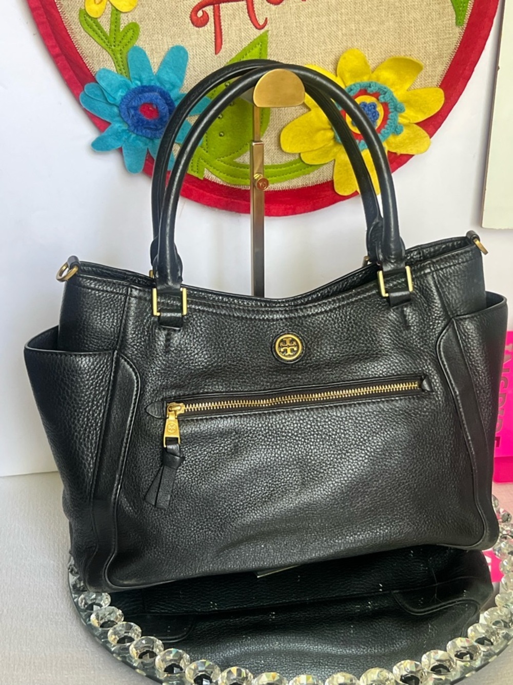 Tory Burch Black pebble leather Interior Lining Gold Zip handbag /shoulder bag